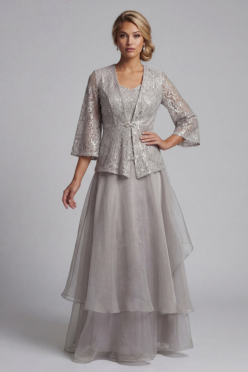 Load image into Gallery viewer, Sparkly Light Grey Lace A Line Long Scoop Mother of the Bride Dress with Jacket