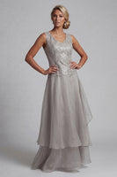 Load image into Gallery viewer, Sparkly Light Grey Lace A Line Long Scoop Mother of the Bride Dress with Jacket
