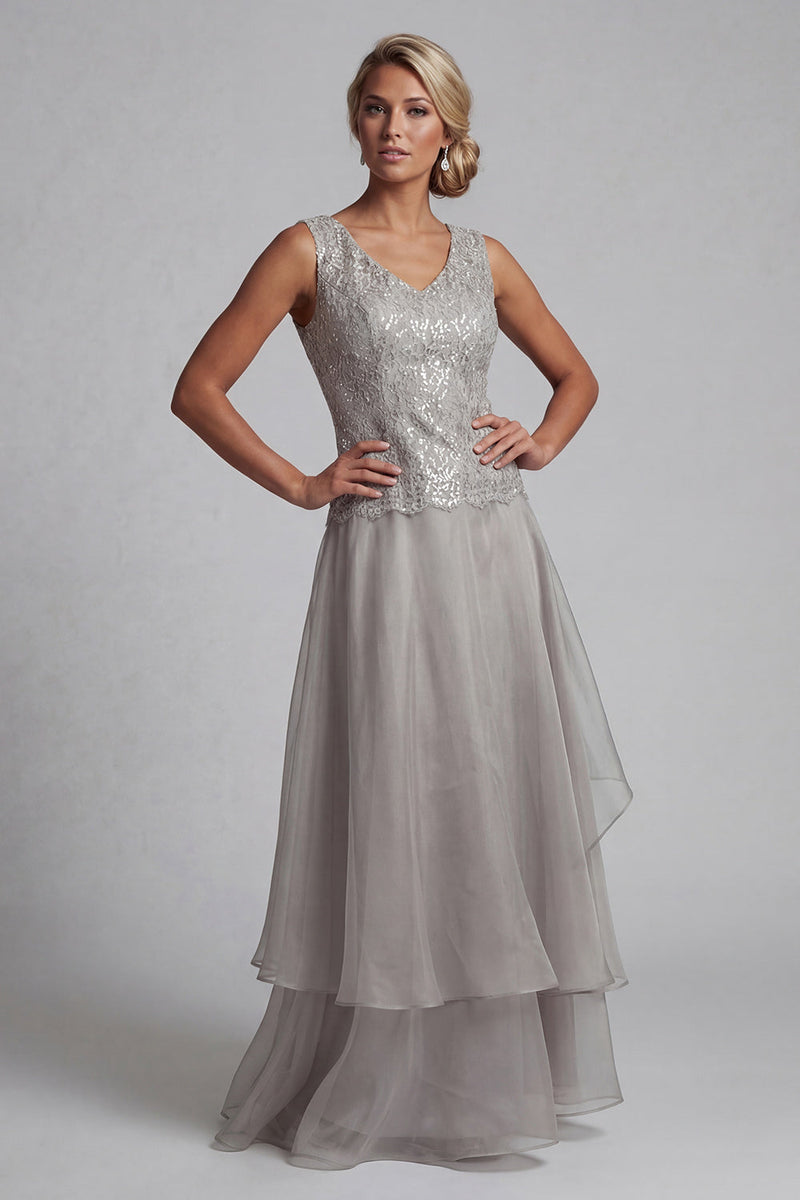 Load image into Gallery viewer, Sparkly Light Grey Lace A Line Long Scoop Mother of the Bride Dress with Jacket