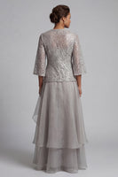 Load image into Gallery viewer, Sparkly Light Grey Lace A Line Long Scoop Mother of the Bride Dress with Jacket
