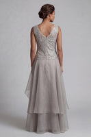Load image into Gallery viewer, Sparkly Light Grey Lace A Line Long Scoop Mother of the Bride Dress with Jacket