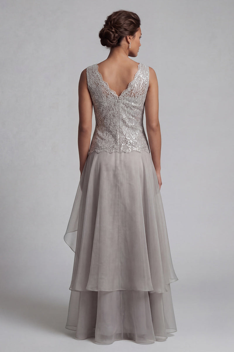 Load image into Gallery viewer, Sparkly Light Grey Lace A Line Long Scoop Mother of the Bride Dress with Jacket