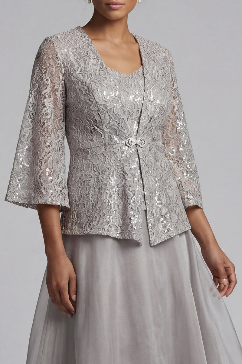 Load image into Gallery viewer, Sparkly Light Grey Lace A Line Long Scoop Mother of the Bride Dress with Jacket