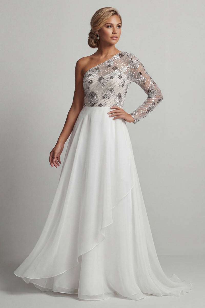Load image into Gallery viewer, Sparkly White A Line Sequin Long Mother of the Bride Dress with Ruffles
