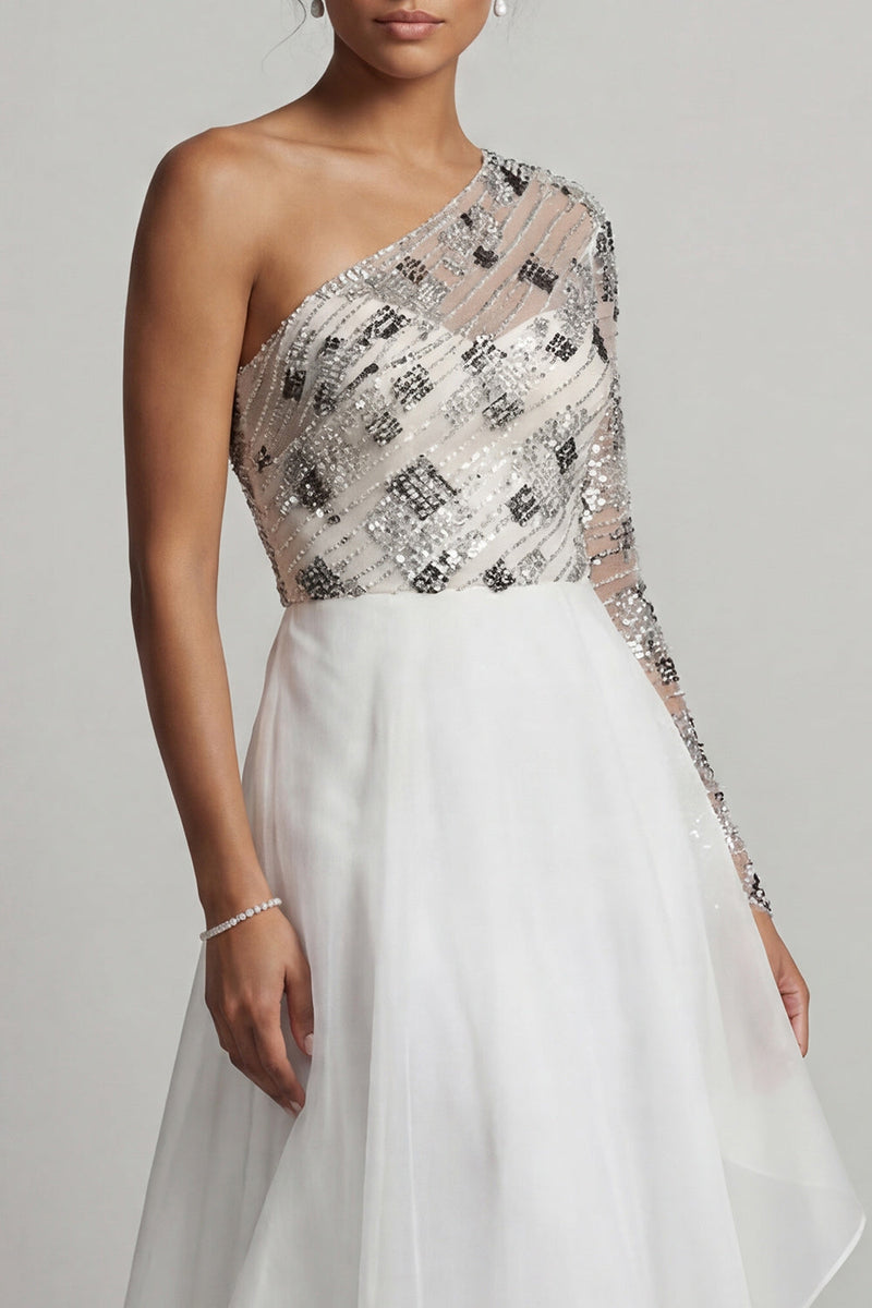Load image into Gallery viewer, Sparkly White A Line Sequin Long Mother of the Bride Dress with Ruffles