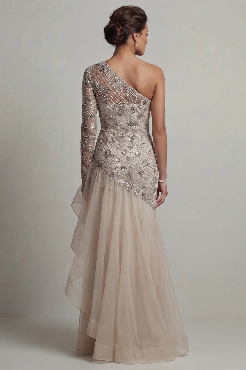 Load image into Gallery viewer, Sparkly Apricot Sequin Mermaid Floral Long Mother of the Bride Dress with Ruffles