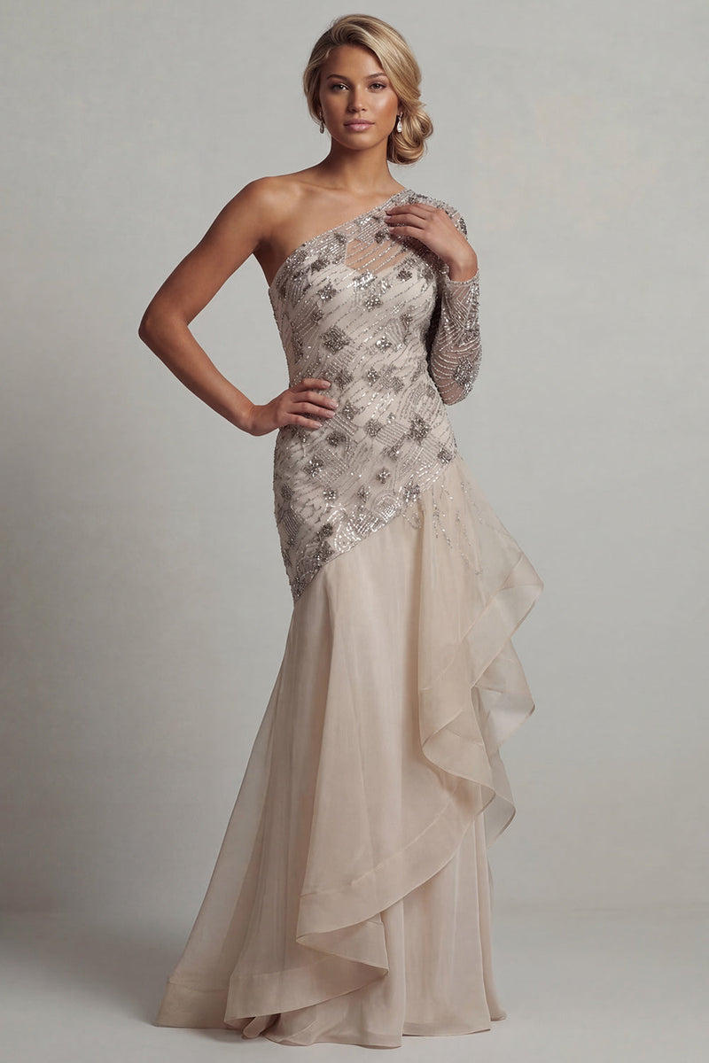 Load image into Gallery viewer, Sparkly Apricot Sequin Mermaid Floral Long Mother of the Bride Dress with Ruffles