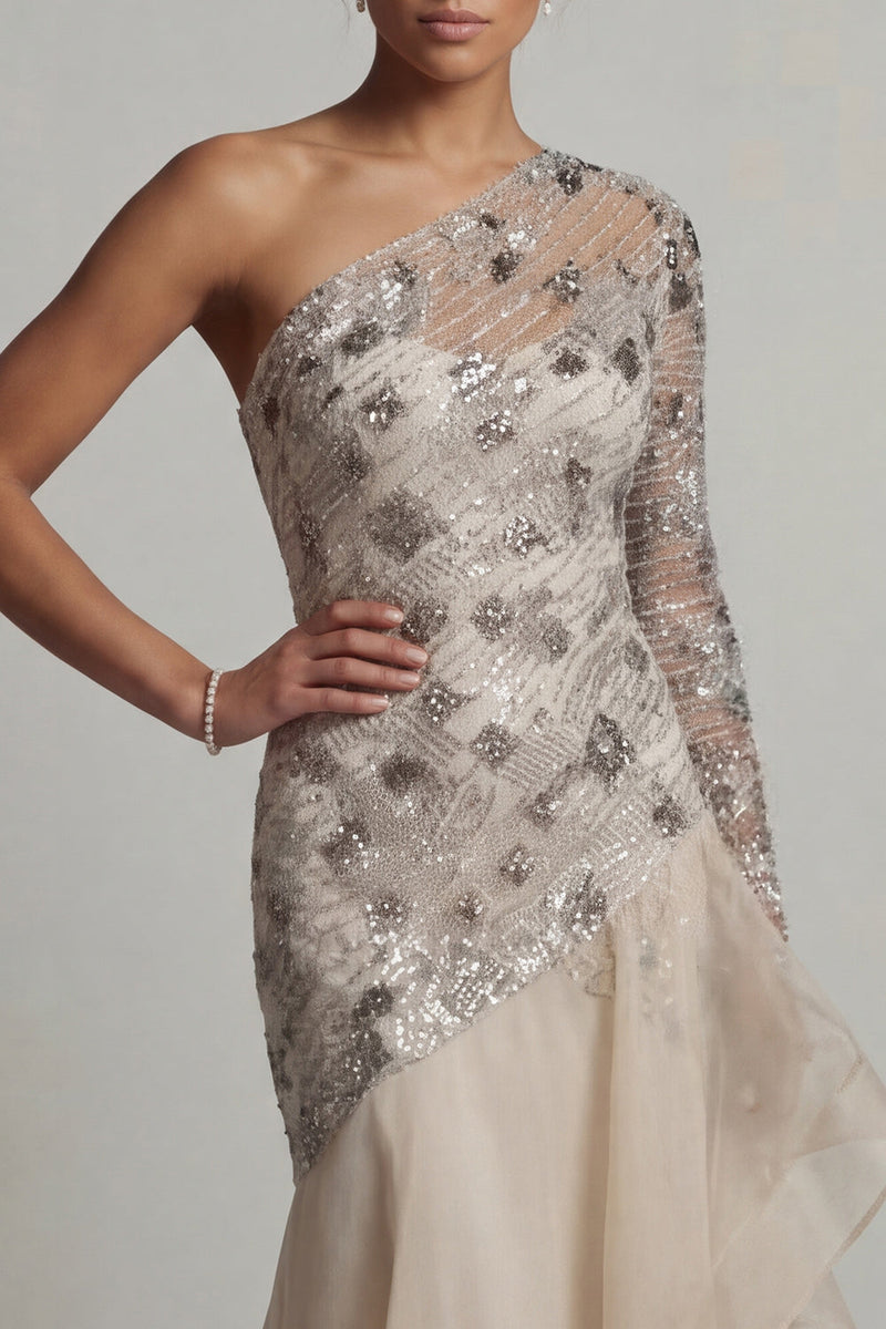 Load image into Gallery viewer, Sparkly Apricot Sequin Mermaid Floral Long Mother of the Bride Dress with Ruffles