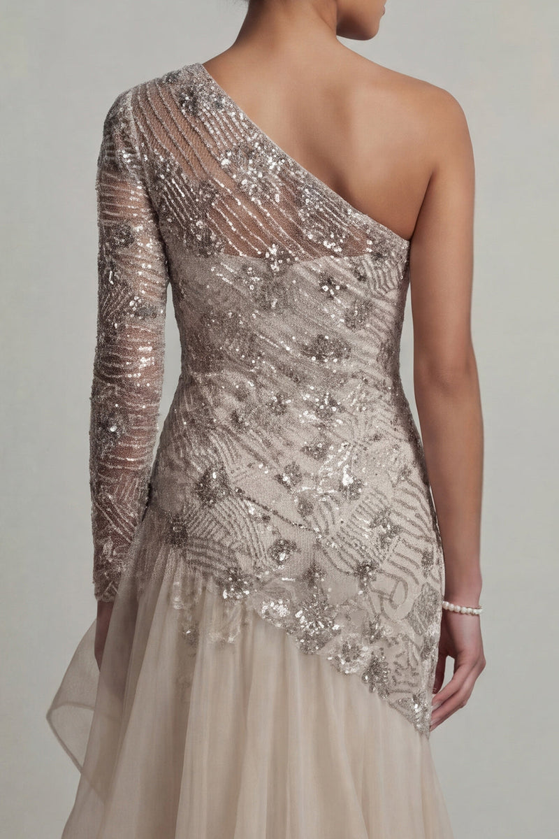 Load image into Gallery viewer, Sparkly Apricot Sequin Mermaid Floral Long Mother of the Bride Dress with Ruffles