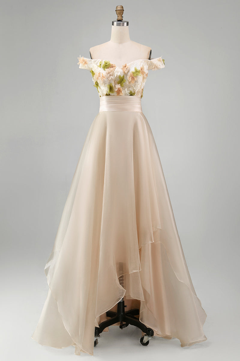 Load image into Gallery viewer, Apricot Floral A Line Asymmetrical Mother of the Bride Dress with Ruffles