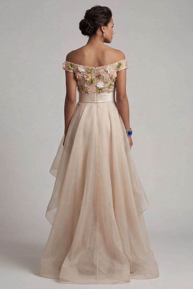 Load image into Gallery viewer, Apricot Floral A Line Asymmetrical Mother of the Bride Dress with Ruffles