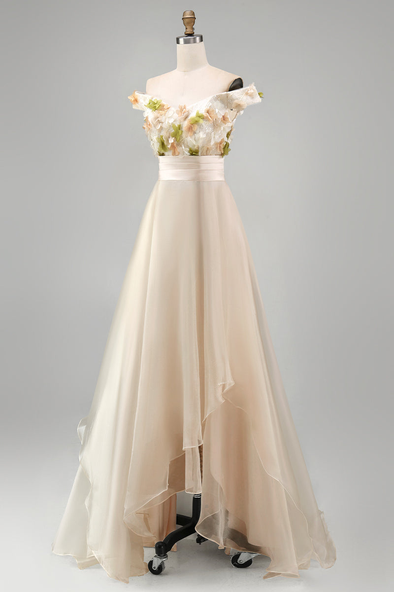 Load image into Gallery viewer, Apricot Floral A Line Asymmetrical Mother of the Bride Dress with Ruffles