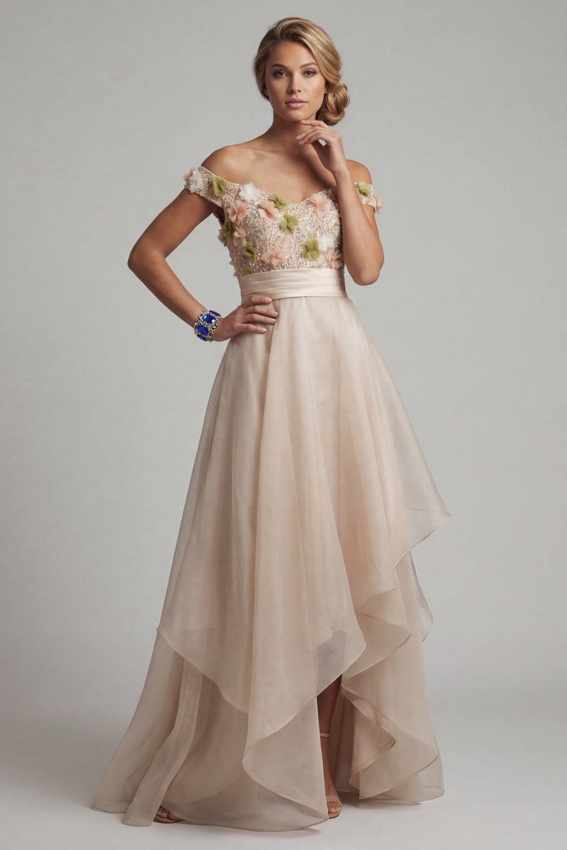 Load image into Gallery viewer, Apricot Floral A Line Asymmetrical Mother of the Bride Dress with Ruffles