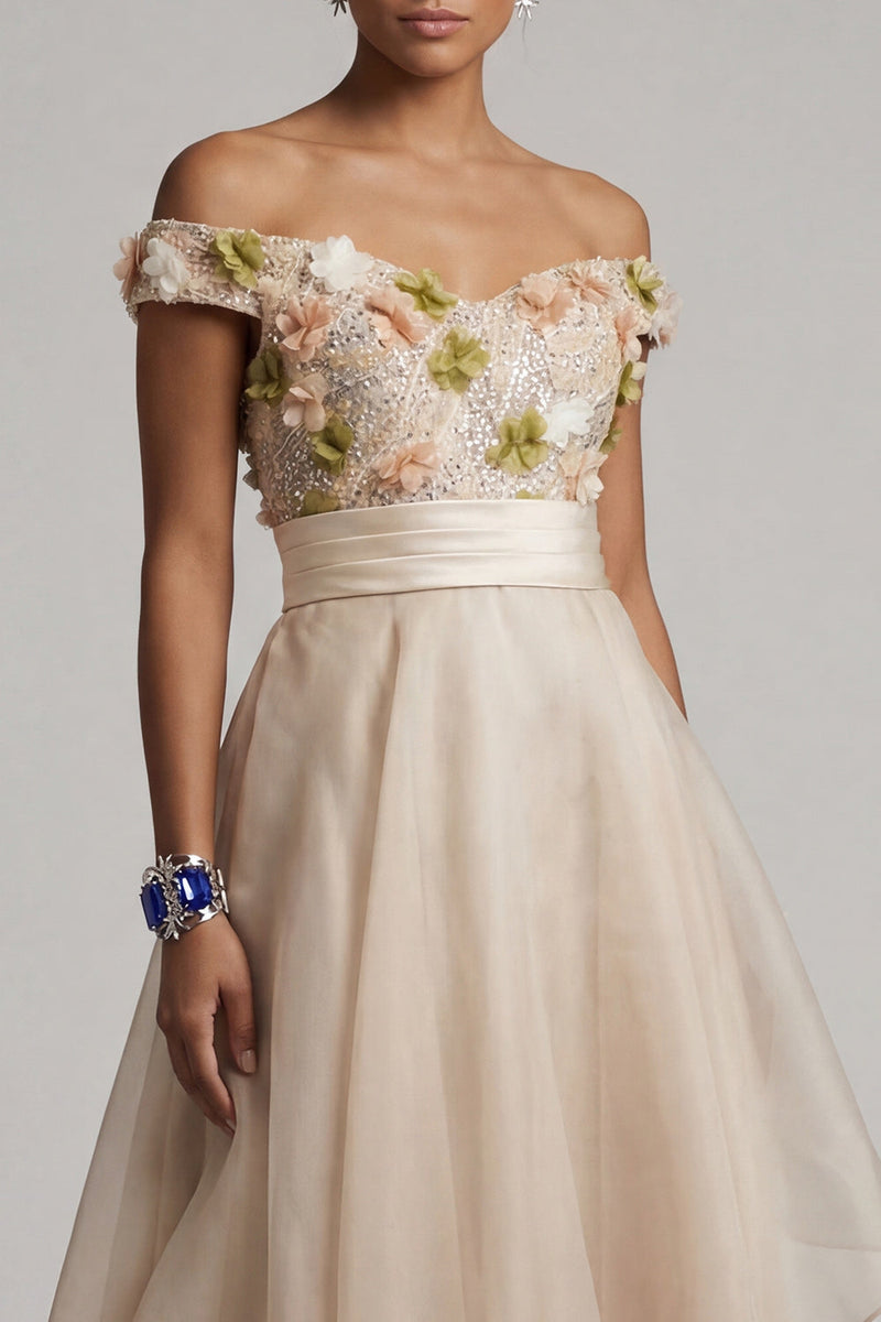 Load image into Gallery viewer, Apricot Floral A Line Asymmetrical Mother of the Bride Dress with Ruffles