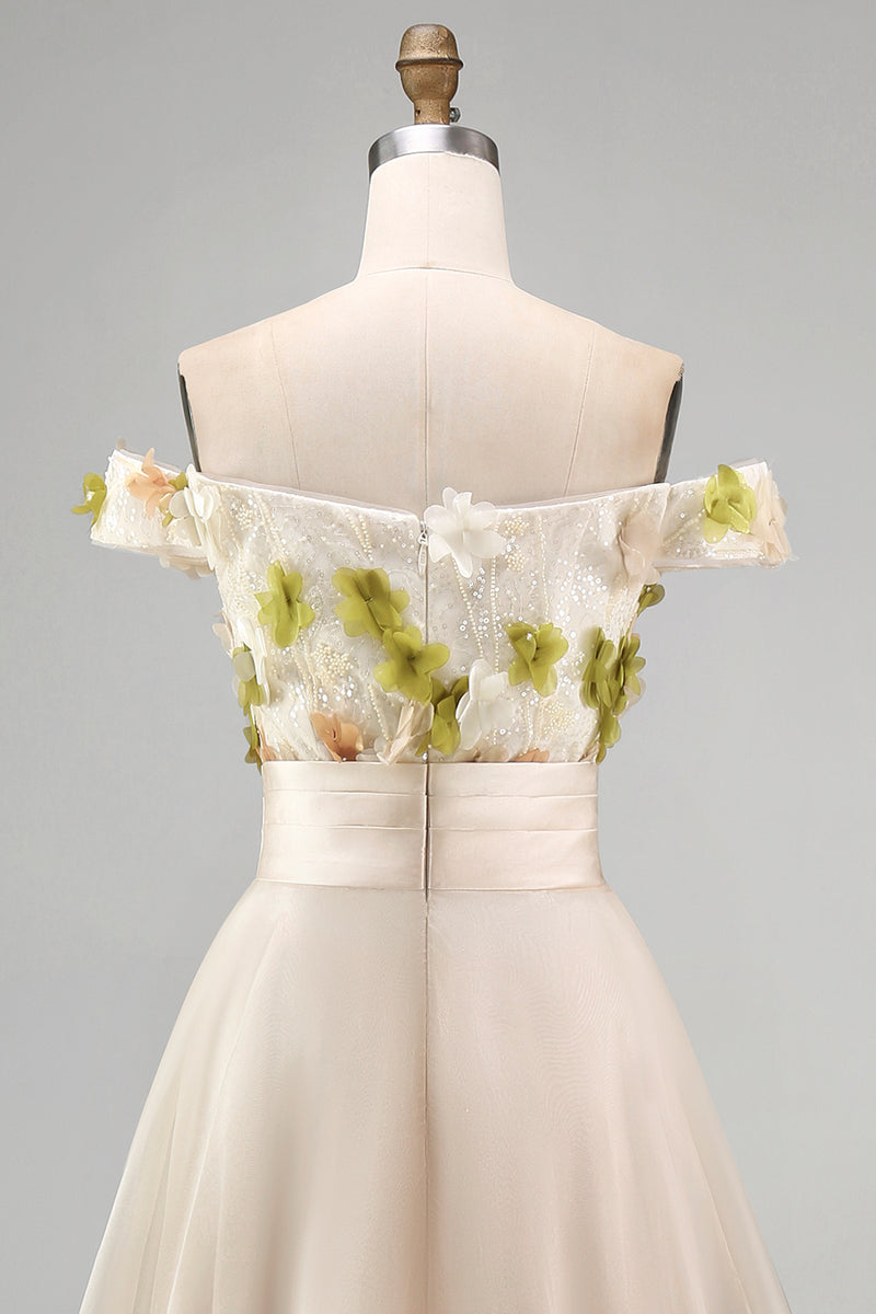 Load image into Gallery viewer, Apricot Floral A Line Asymmetrical Mother of the Bride Dress with Ruffles