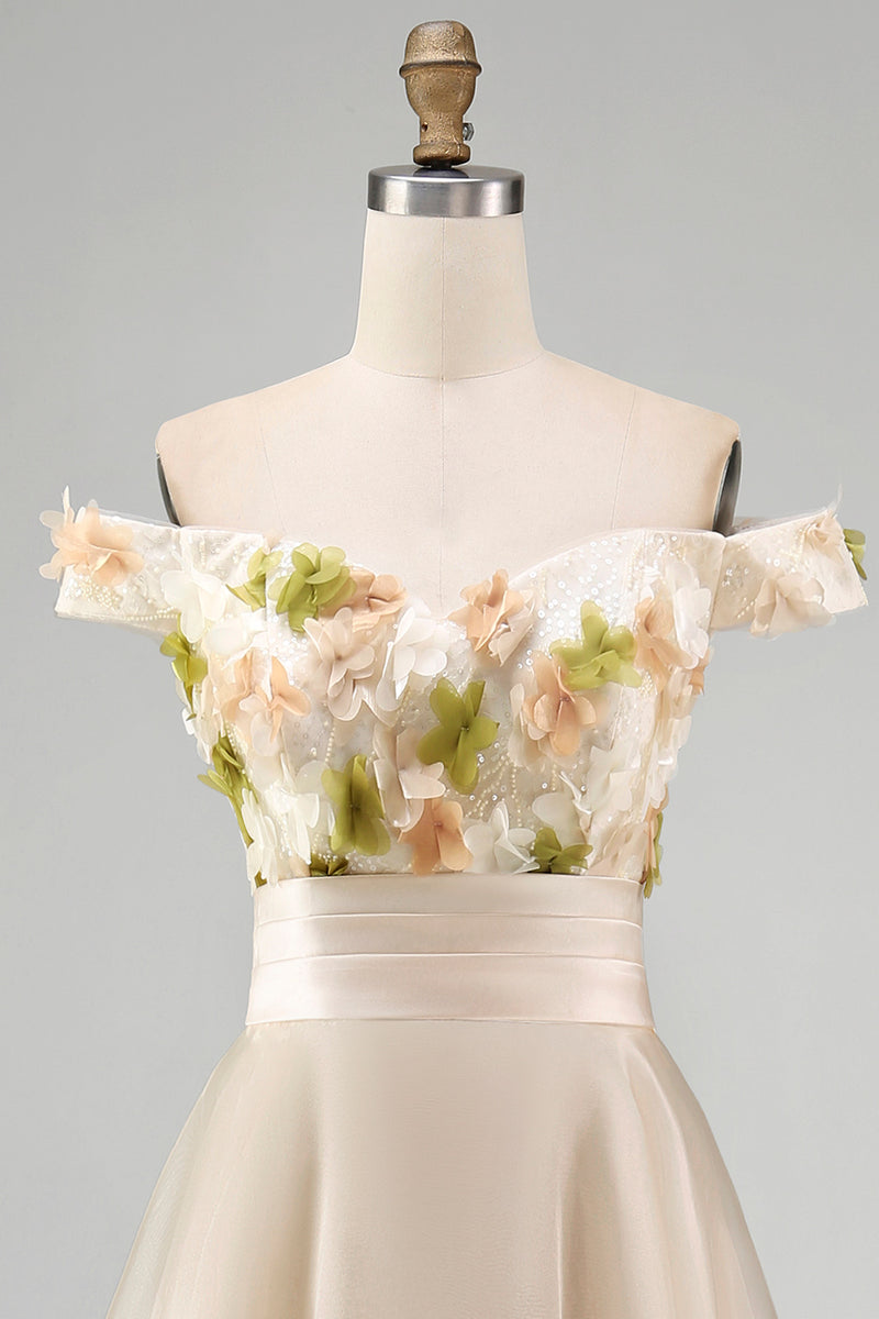 Load image into Gallery viewer, Apricot Floral A Line Asymmetrical Mother of the Bride Dress with Ruffles