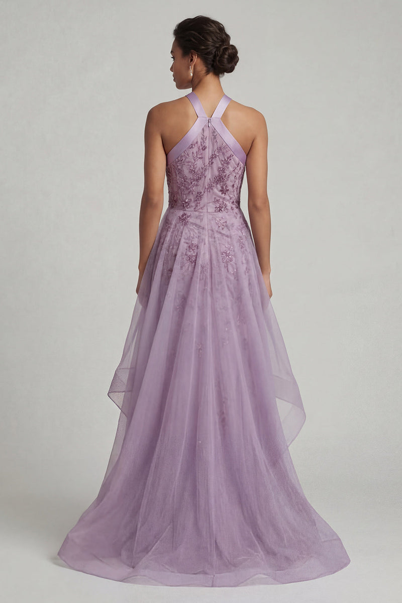 Load image into Gallery viewer, Purple Floral A Line Long Mother of the Bride Dress with Ruffles