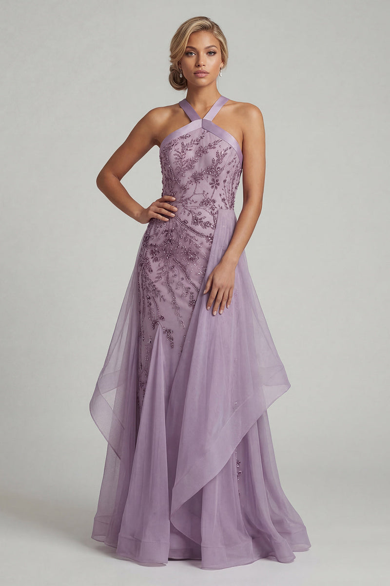 Load image into Gallery viewer, Purple Floral A Line Long Mother of the Bride Dress with Ruffles