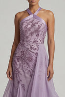 Load image into Gallery viewer, Purple Floral A Line Long Mother of the Bride Dress with Ruffles