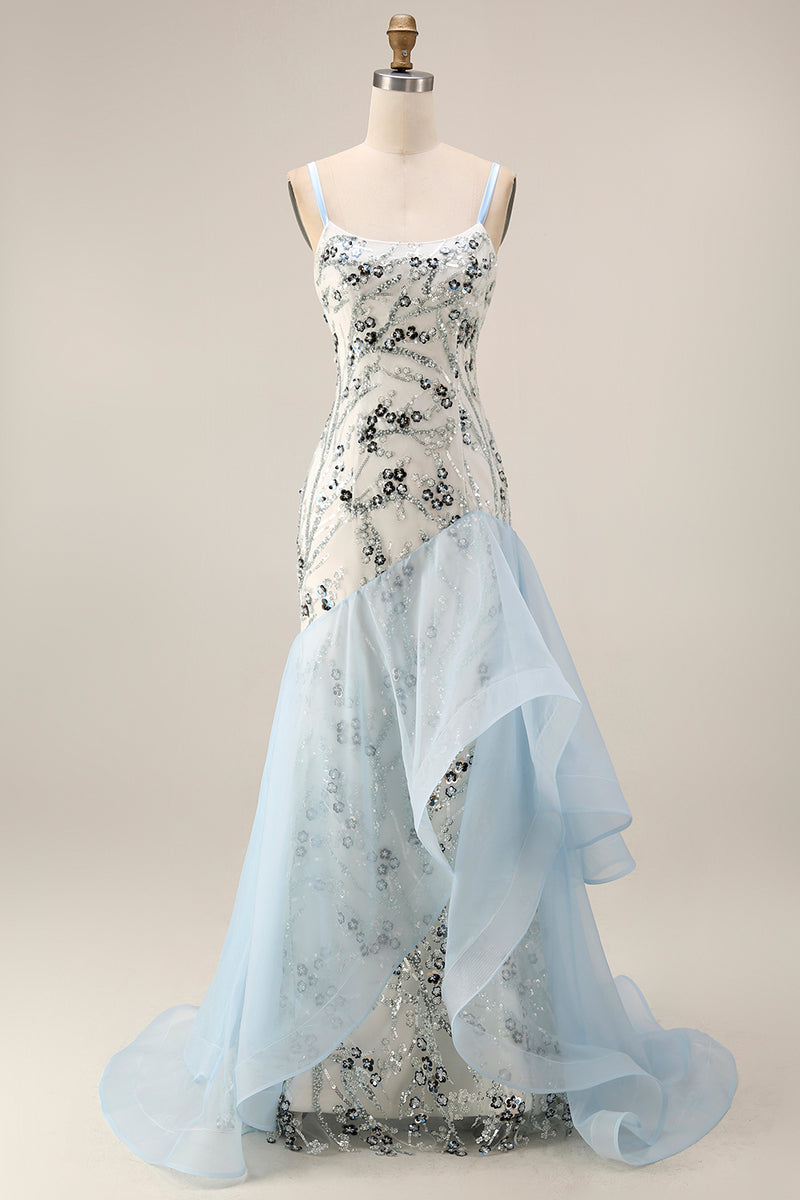 Load image into Gallery viewer, Sparkly Light Blue Sequin Long Mermaid Floral Mother of the Bride Dress with Ruffles