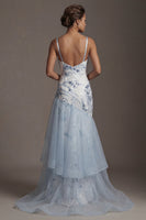 Load image into Gallery viewer, Sparkly Light Blue Sequin Long Mermaid Floral Mother of the Bride Dress with Ruffles