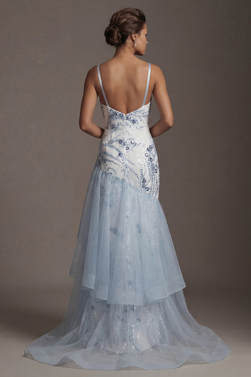 Load image into Gallery viewer, Sparkly Light Blue Sequin Long Mermaid Floral Mother of the Bride Dress with Ruffles