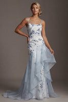 Load image into Gallery viewer, Sparkly Light Blue Sequin Long Mermaid Floral Mother of the Bride Dress with Ruffles
