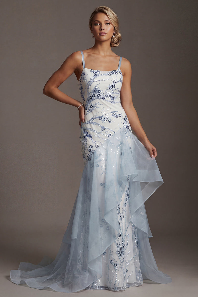Load image into Gallery viewer, Sparkly Light Blue Sequin Long Mermaid Floral Mother of the Bride Dress with Ruffles