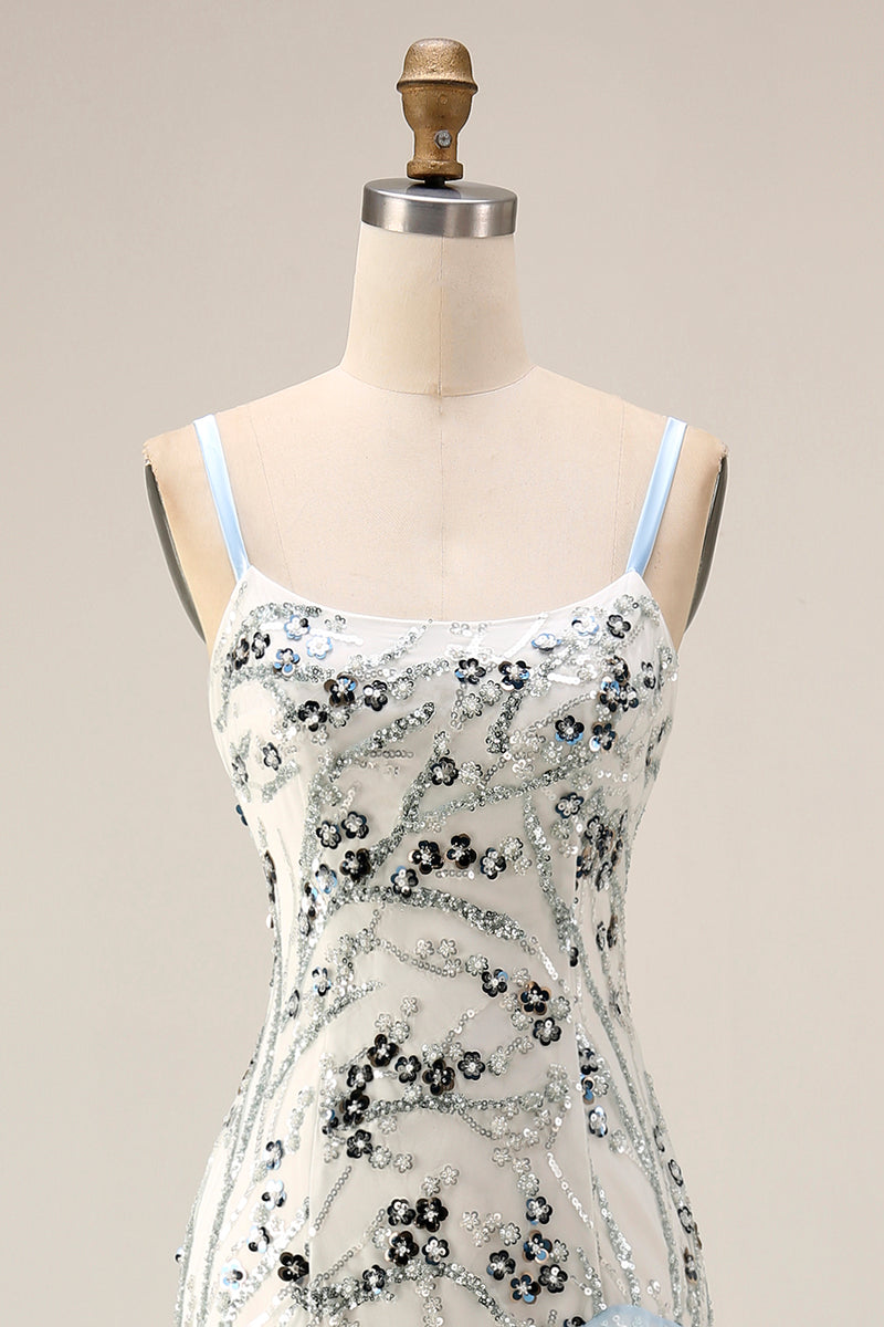 Load image into Gallery viewer, Sparkly Light Blue Sequin Long Mermaid Floral Mother of the Bride Dress with Ruffles