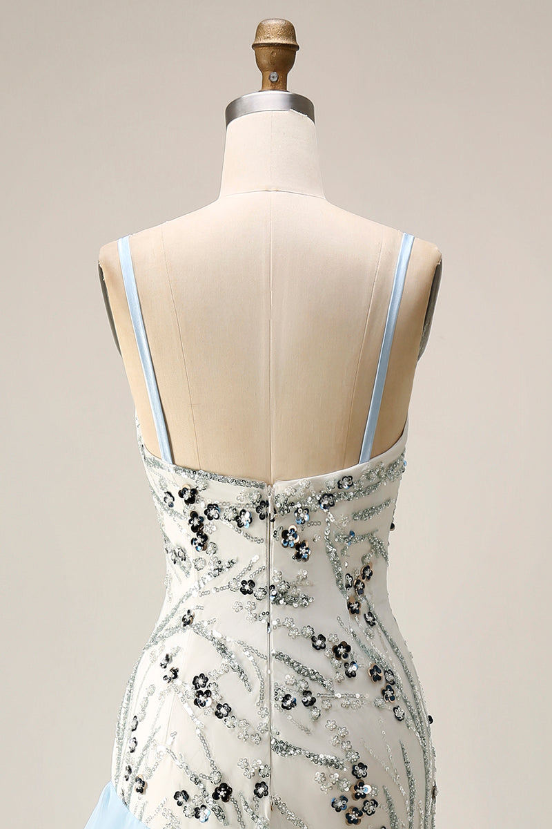 Load image into Gallery viewer, Sparkly Light Blue Sequin Long Mermaid Floral Mother of the Bride Dress with Ruffles