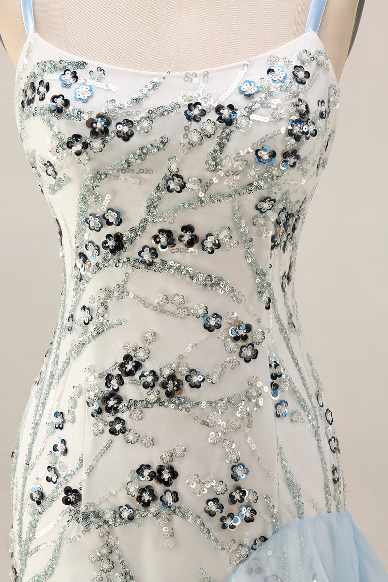 Load image into Gallery viewer, Sparkly Light Blue Sequin Long Mermaid Floral Mother of the Bride Dress with Ruffles