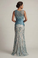 Load image into Gallery viewer, Sparkly Lake Blue Sequin Ruched Mermaid Long Mother of the Bride Dress