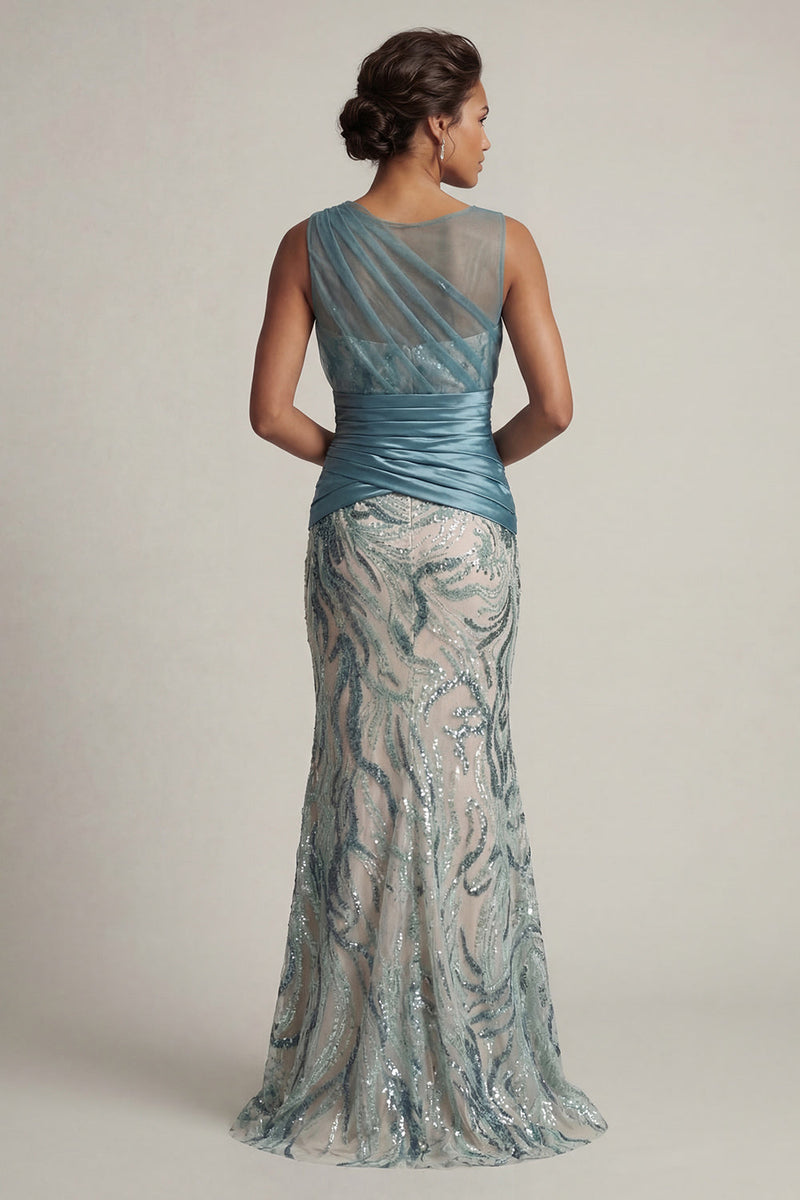 Load image into Gallery viewer, Sparkly Lake Blue Sequin Ruched Mermaid Long Mother of the Bride Dress