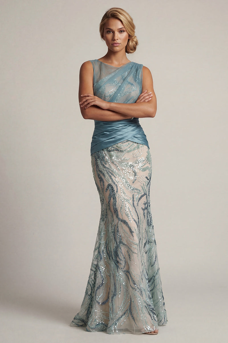 Load image into Gallery viewer, Sparkly Lake Blue Sequin Ruched Mermaid Long Mother of the Bride Dress