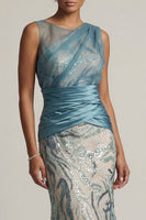 Load image into Gallery viewer, Sparkly Lake Blue Sequin Ruched Mermaid Long Mother of the Bride Dress