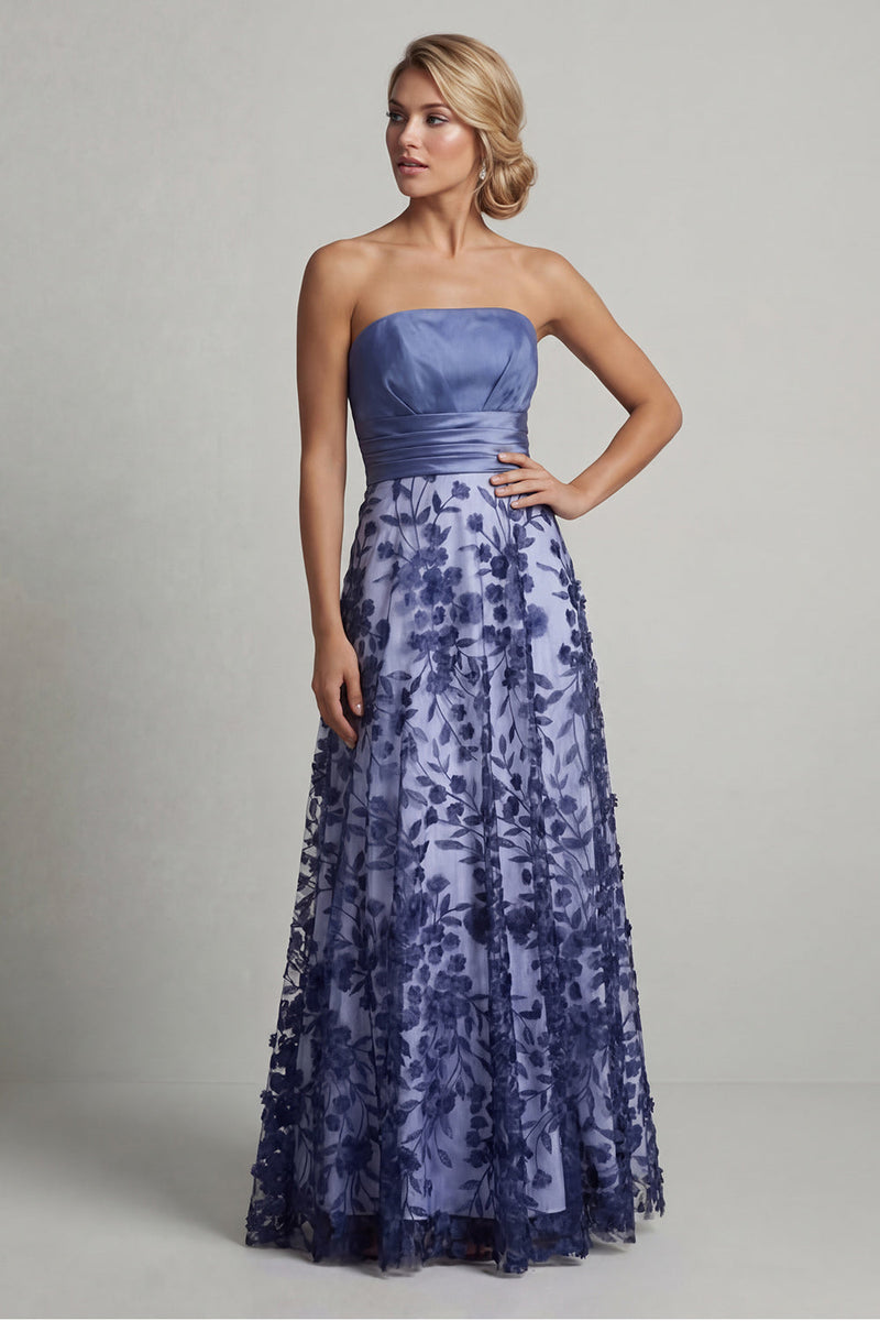 Load image into Gallery viewer, Navy Strapless Floral Long A Line Mother of the Bride Dress