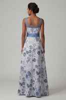 Load image into Gallery viewer, Dusty Blue A Line Floral Long Mother of the Bride Dress with Slit