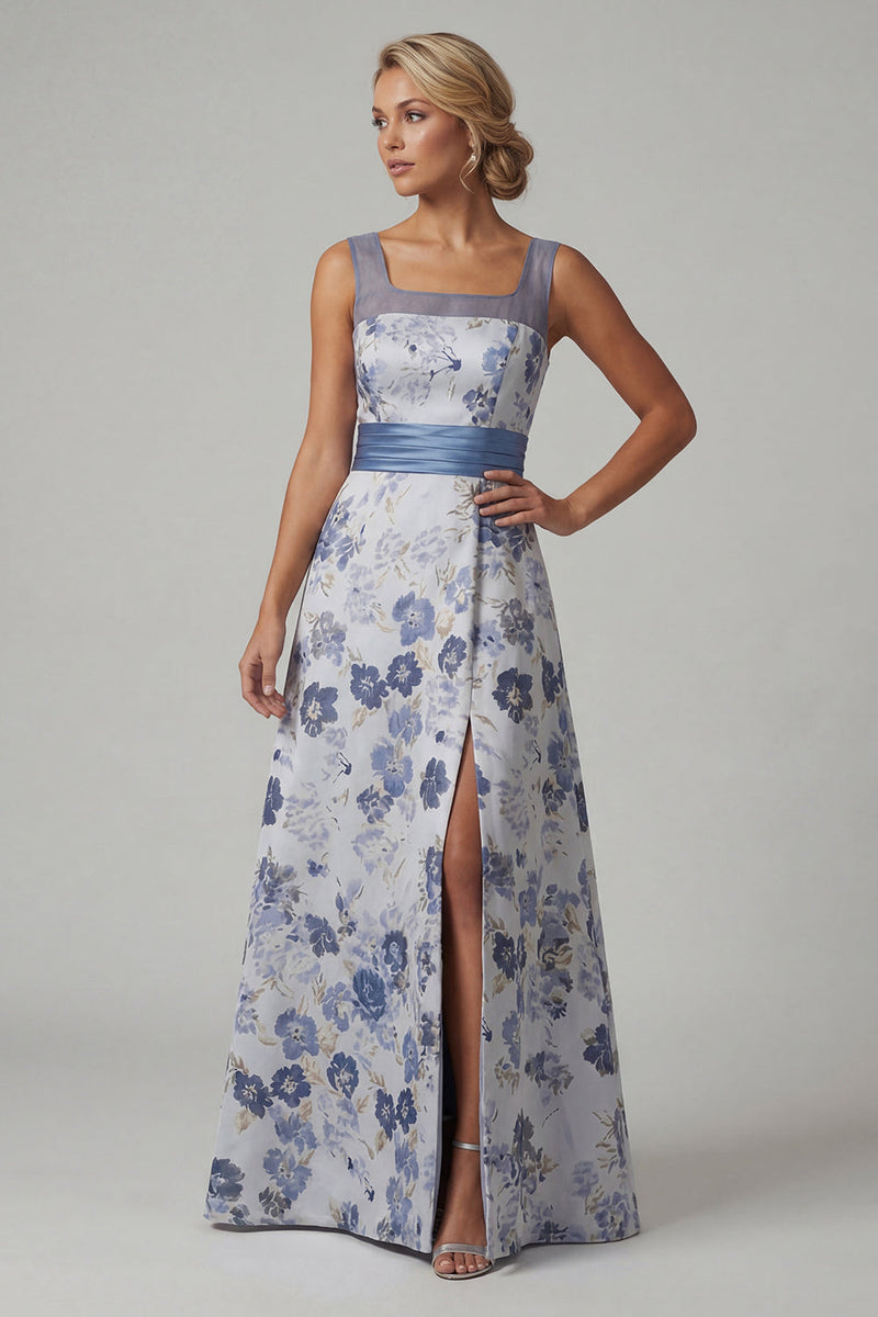 Load image into Gallery viewer, Dusty Blue A Line Floral Long Mother of the Bride Dress with Slit