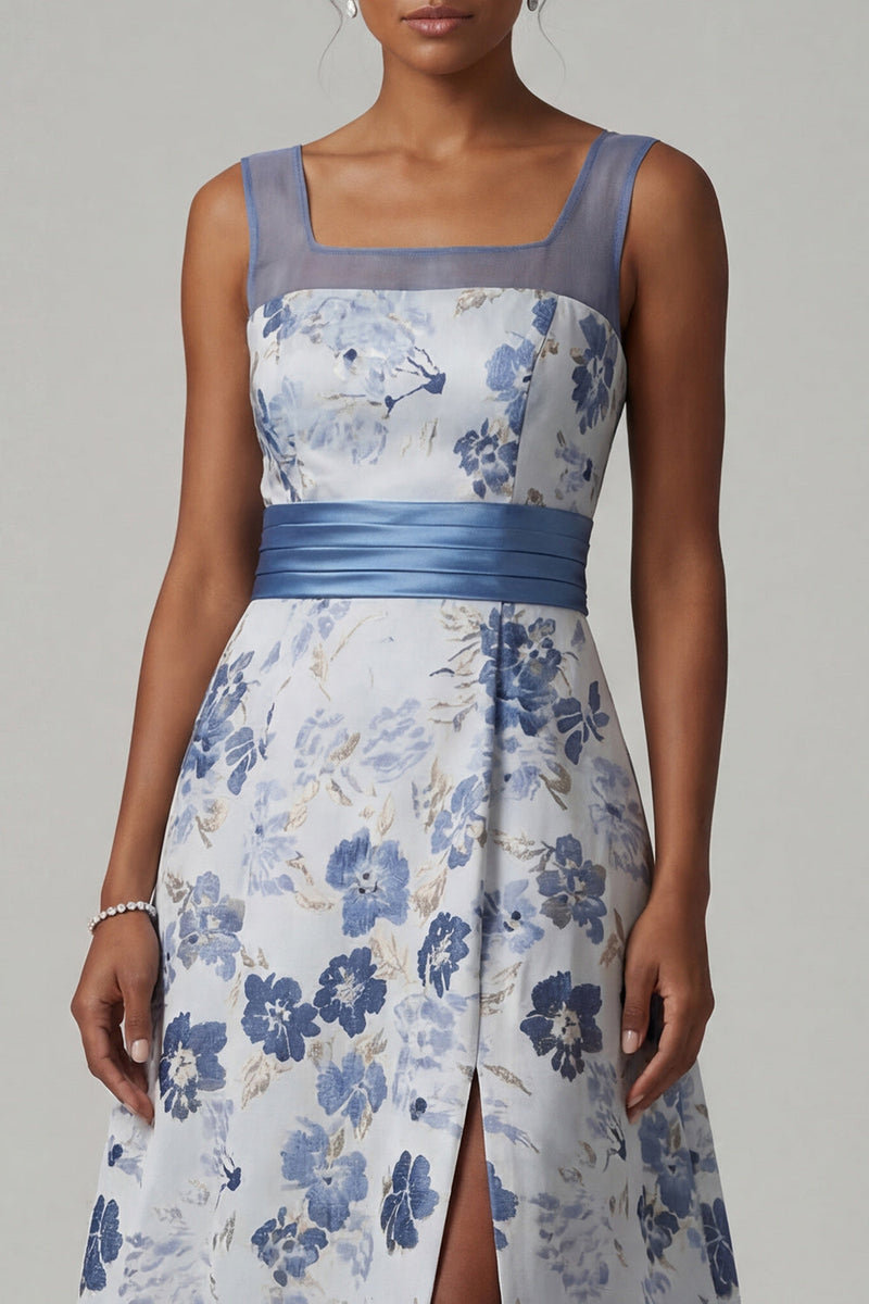 Load image into Gallery viewer, Dusty Blue A Line Floral Long Mother of the Bride Dress with Slit