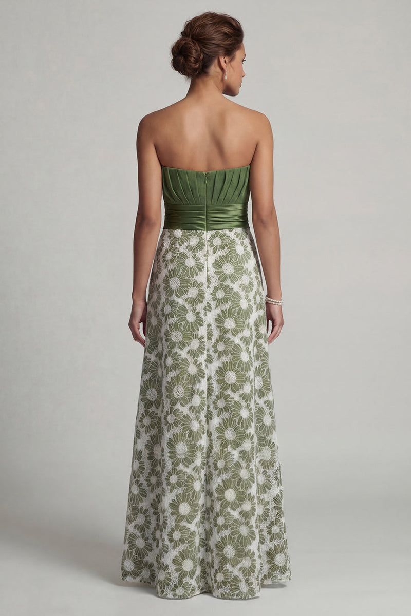 Load image into Gallery viewer, Green Strapless Floral Long A Line Ruched Mother of the Bride Dress