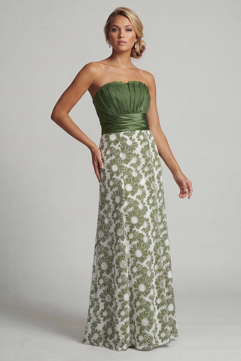 Load image into Gallery viewer, Green Strapless Floral Long A Line Ruched Mother of the Bride Dress