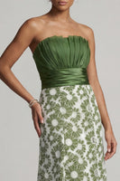 Load image into Gallery viewer, Green Strapless Floral Long A Line Ruched Mother of the Bride Dress