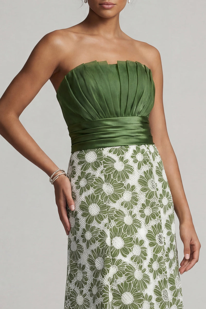 Load image into Gallery viewer, Green Strapless Floral Long A Line Ruched Mother of the Bride Dress
