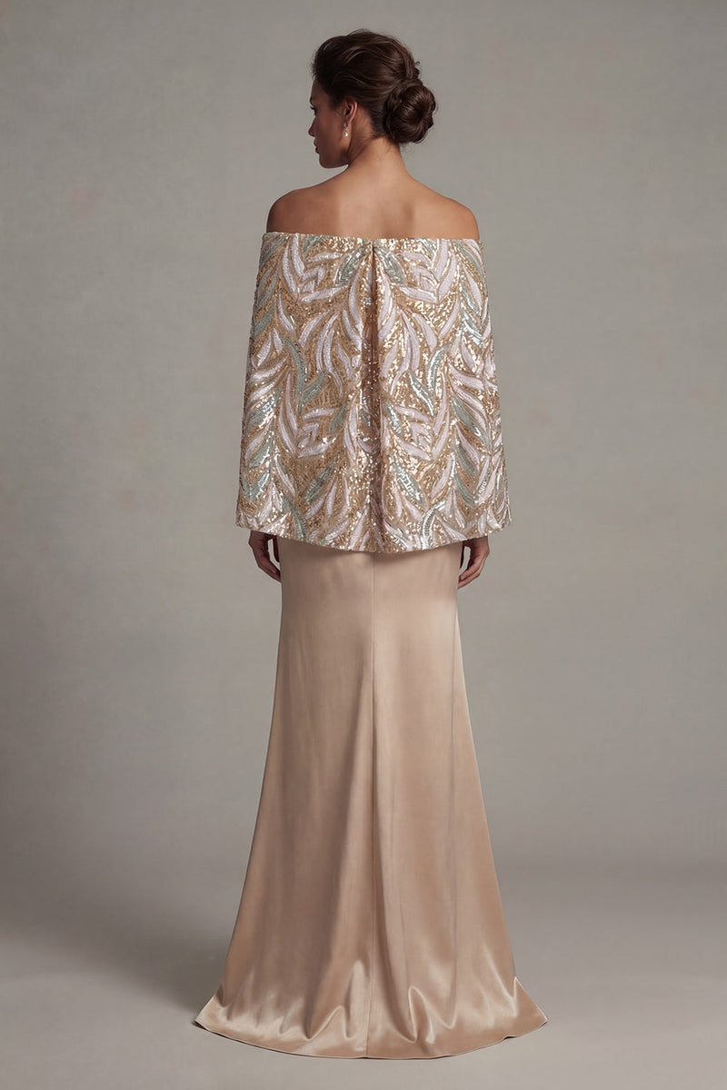 Load image into Gallery viewer, Sparkly Champagne Sequin Long Mermaid Formal Dress with Cape