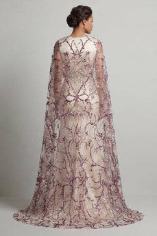 Sparkly Ivory Sequin Mermaid Satin Long Formal Dress with Cape