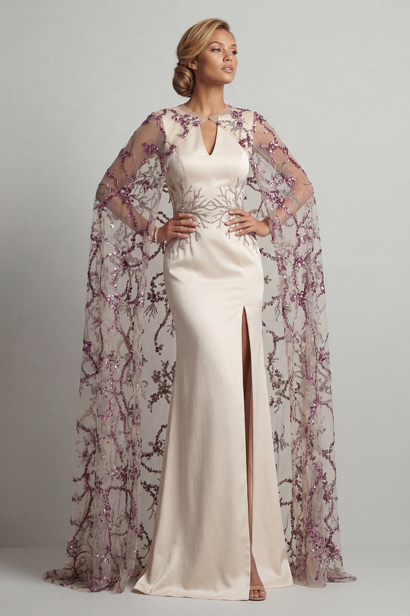 Load image into Gallery viewer, Sparkly Ivory Sequin Mermaid Satin Long Formal Dress with Cape