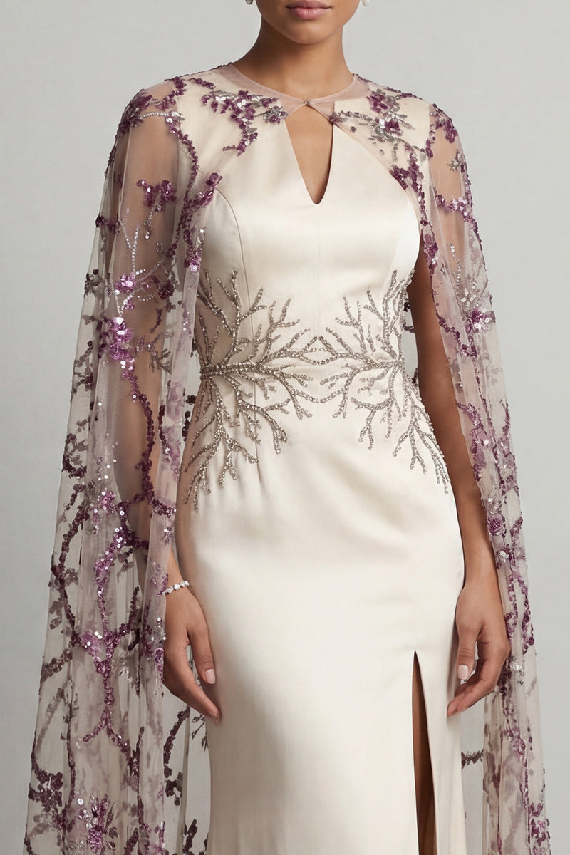 Load image into Gallery viewer, Sparkly Ivory Sequin Mermaid Satin Long Formal Dress with Cape