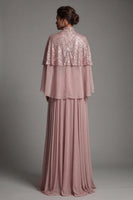 Load image into Gallery viewer, Sparkly Dusty Rose Sequin A Line Long Formal Dress with Cape
