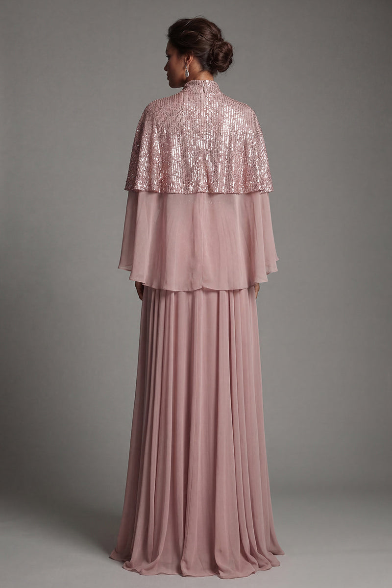 Load image into Gallery viewer, Sparkly Dusty Rose Sequin A Line Long Formal Dress with Cape