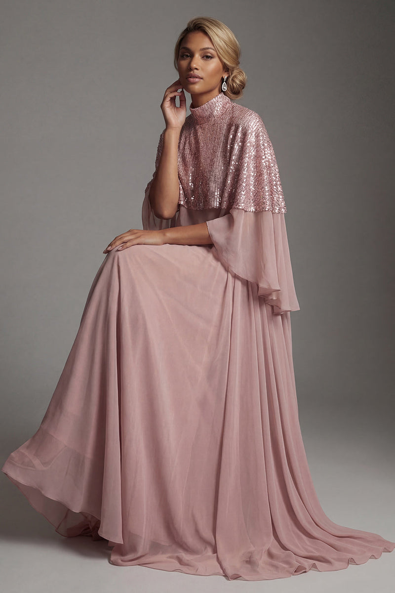 Load image into Gallery viewer, Sparkly Dusty Rose Sequin A Line Long Formal Dress with Cape